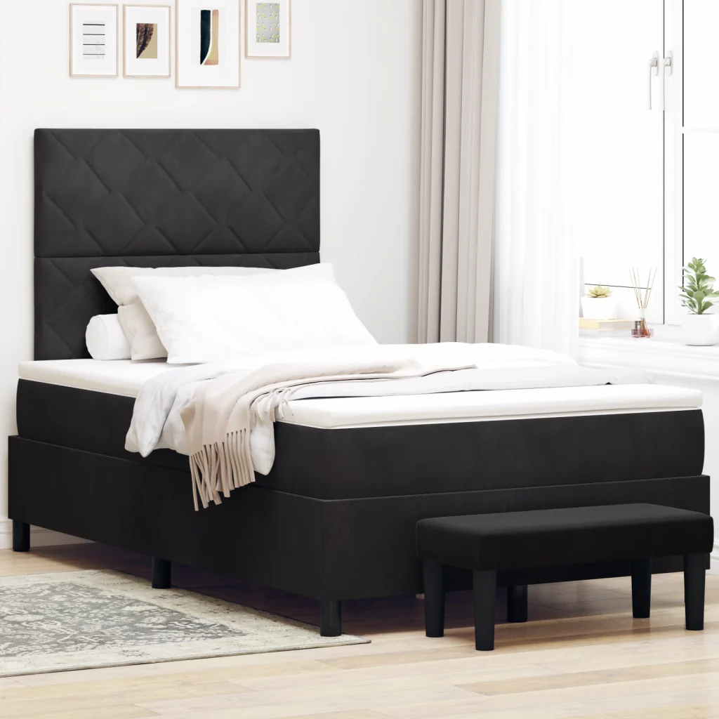 Letto con box spring e materasso + panchina nera 120x200 cm in velluto