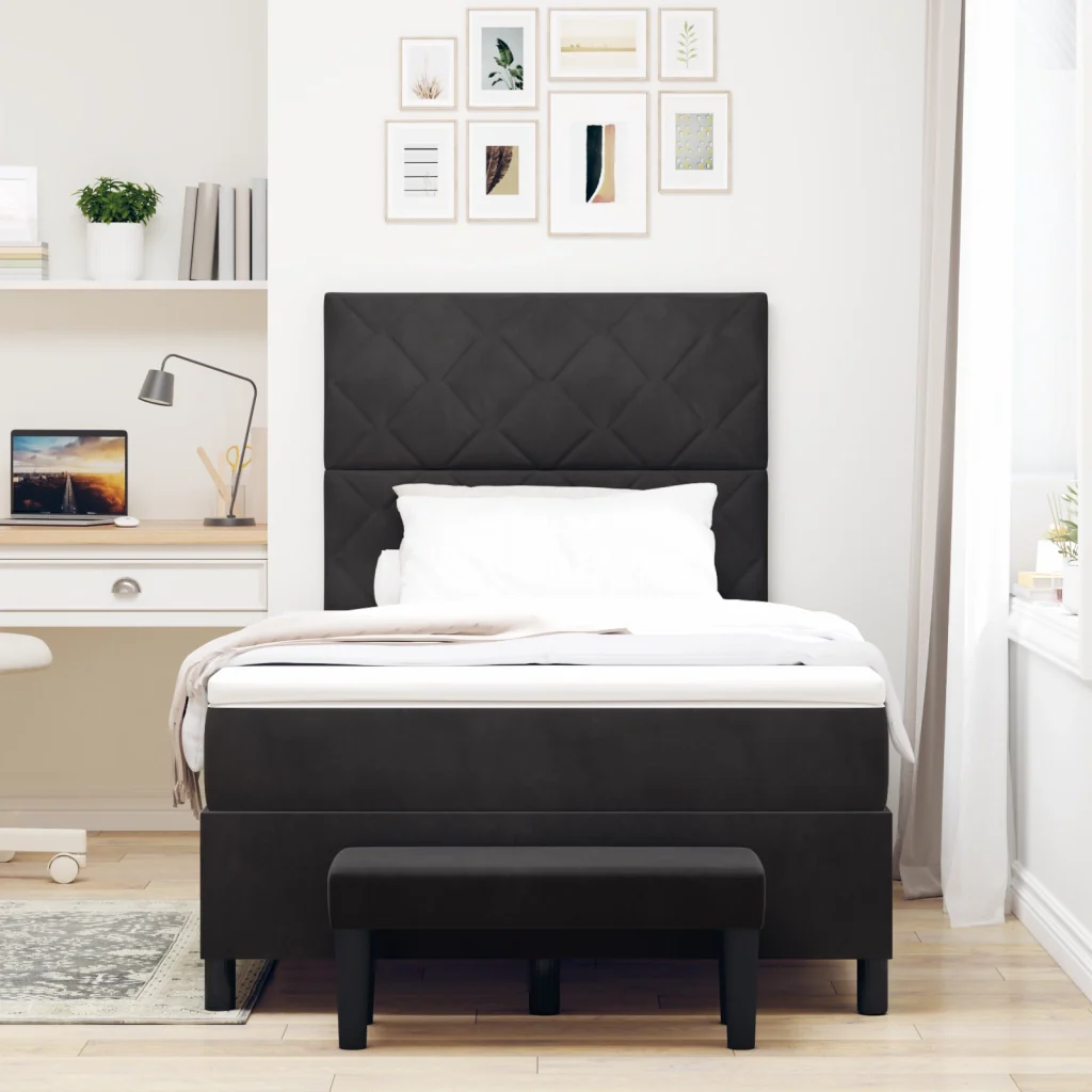 Letto con box spring e materasso + panchina nera 120x200 cm in velluto - Image 5