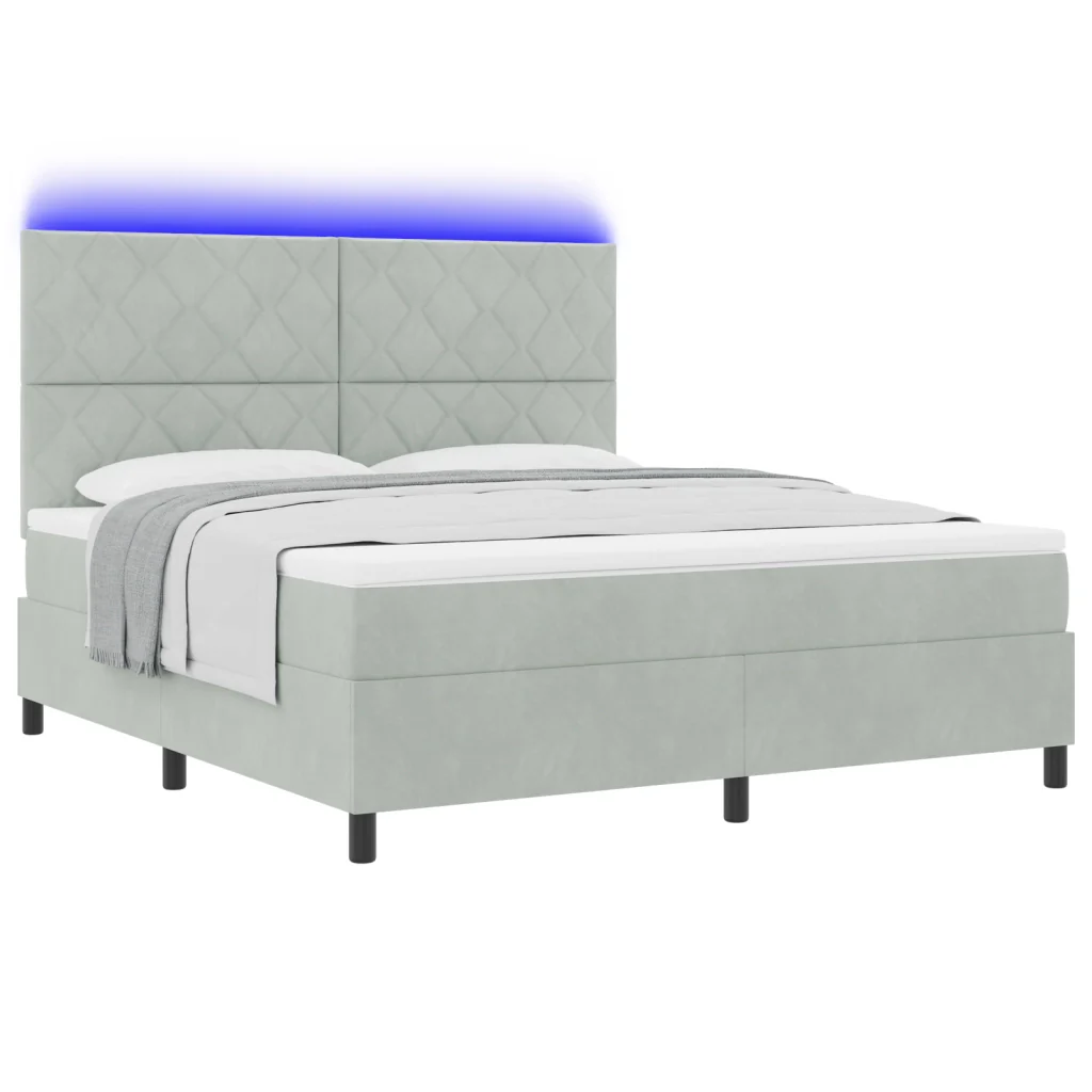 Letto con Rete a Molle e Materasso & Luce LED Grigio Chiaro 180x200 cm Velluto - Image 3