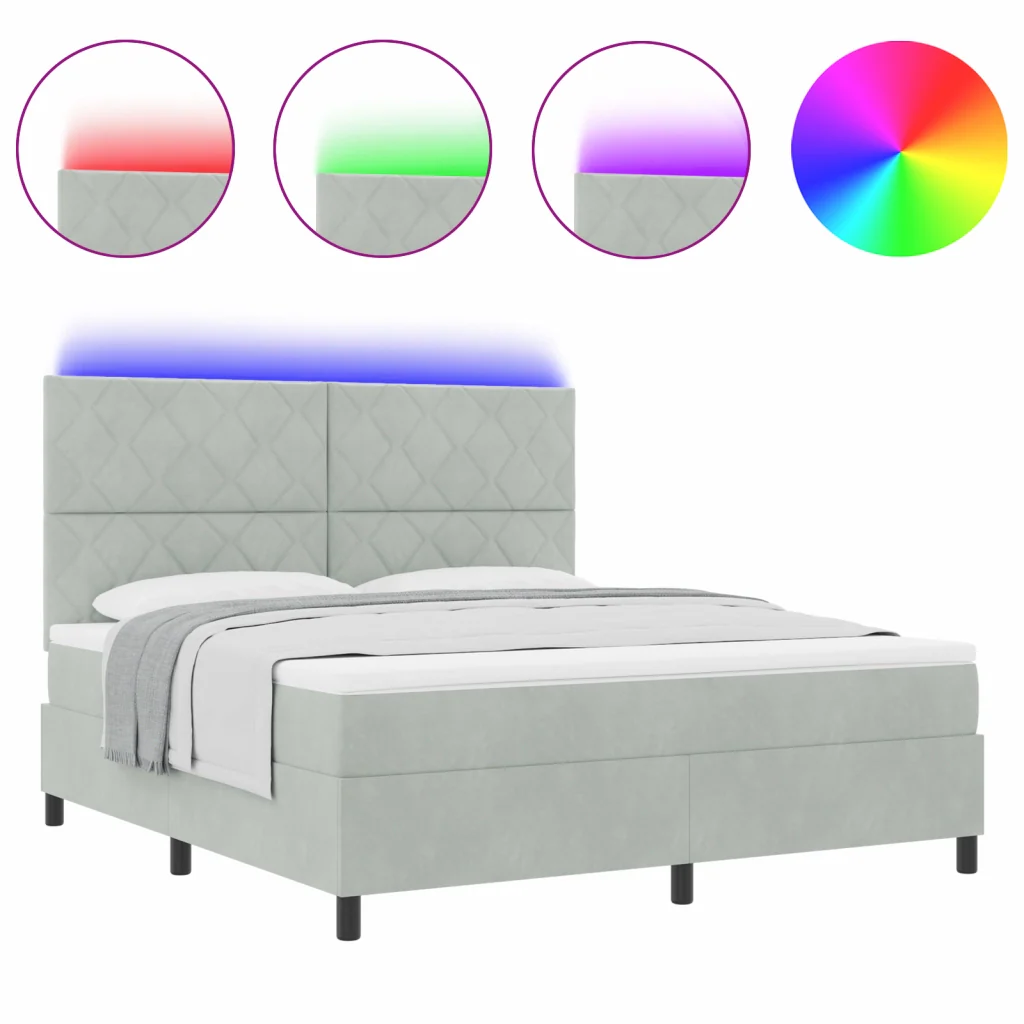Letto con Rete a Molle e Materasso & Luce LED Grigio Chiaro 180x200 cm Velluto - Image 4