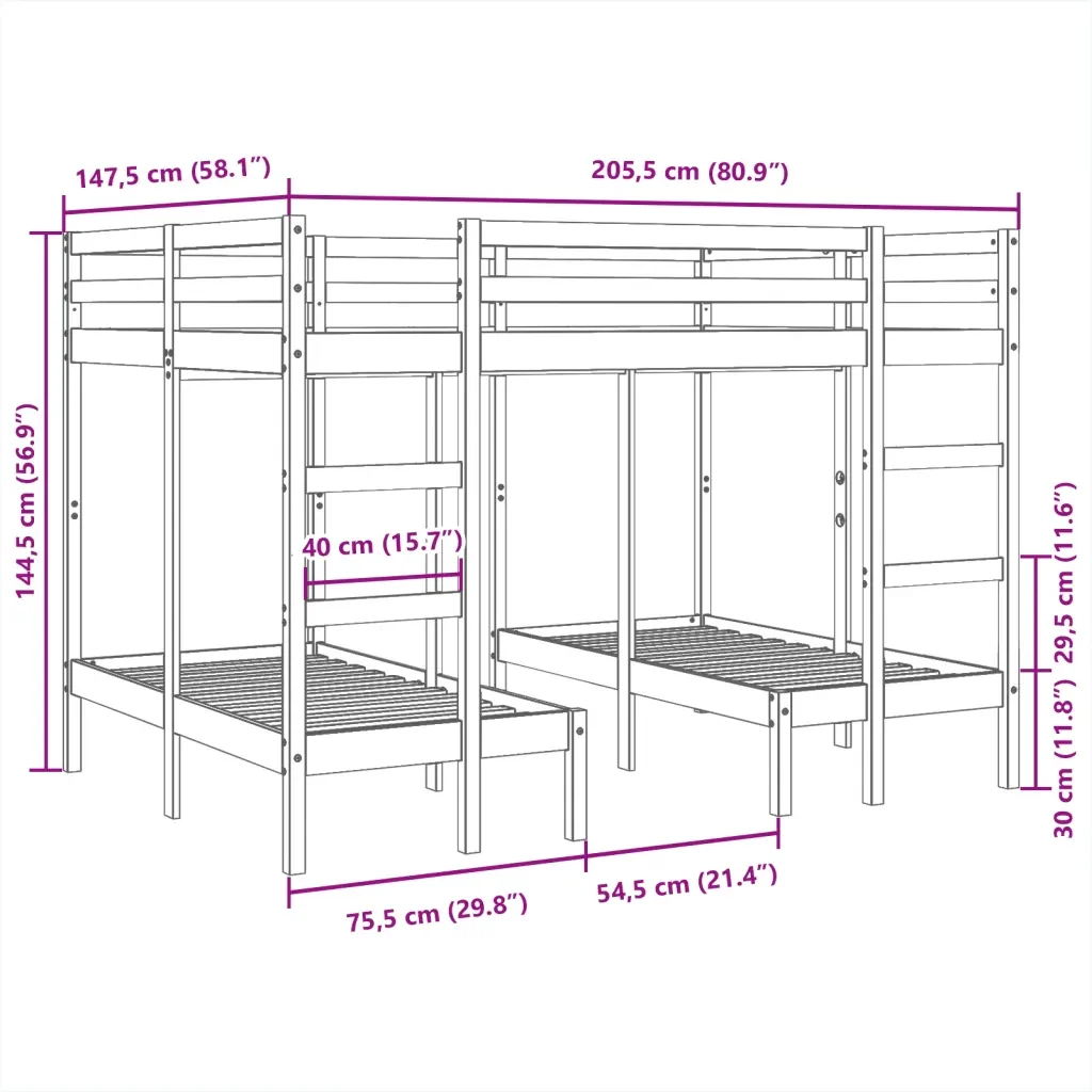 Letto da camera | Giroletto Castello Triplo 140x200/70x140cm Legno Massello Pino - Image 10