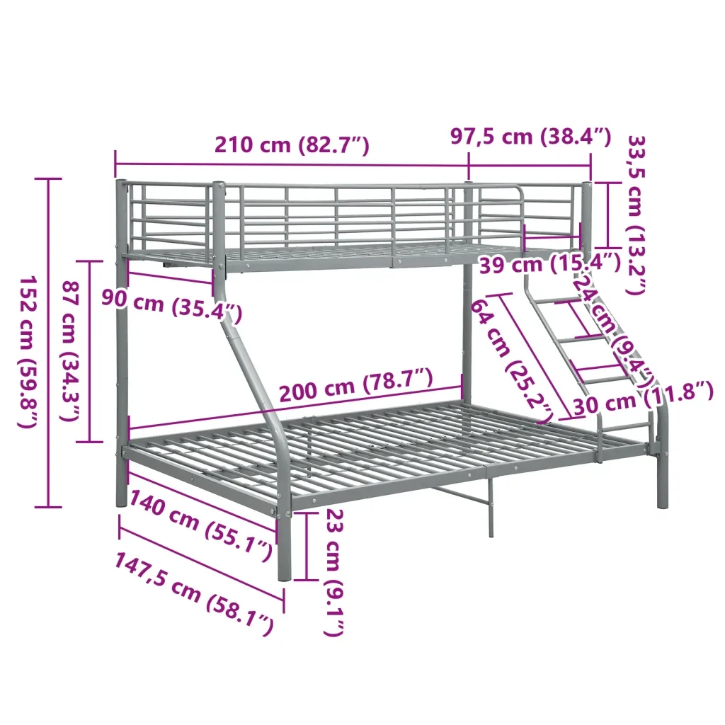 Letto da camera | Letto a Castello Grigio in Metallo 140x200 cm/90x200 cm - Image 8