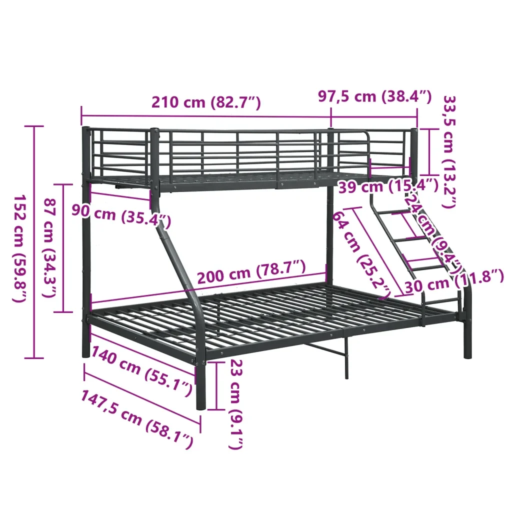 Letto da camera | Letto a Castello Nero in Metallo 140x200 cm/90x200 cm - Image 8