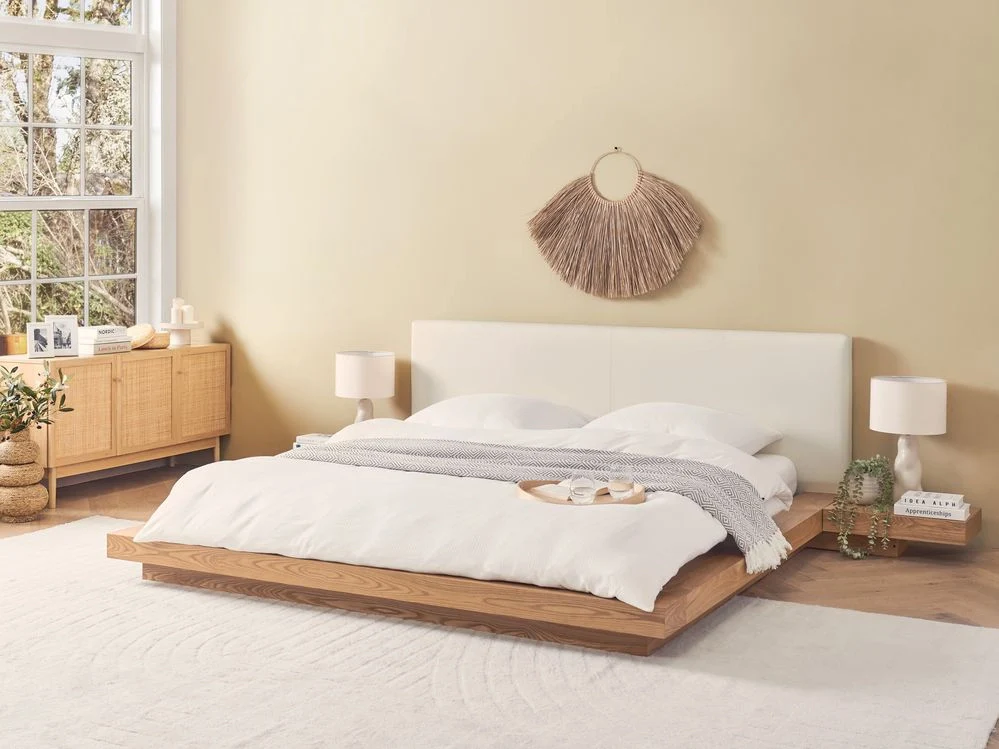 Letto in stile giapponese in frassino naturale 180 x 200 cm testata in legno impiallacciato MDF testata in pelliccia sintetica camera da letto a basso profilo - Image 3