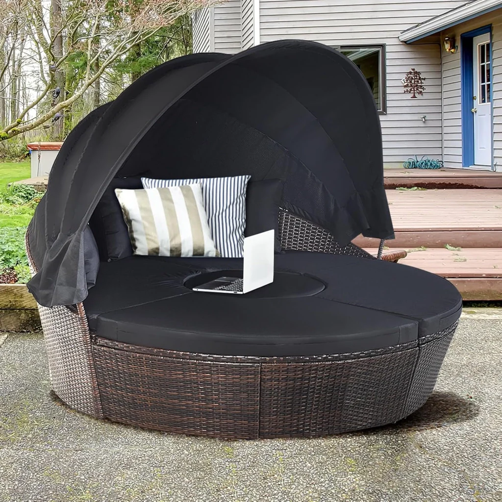 Letto Isola da Giardino, Divano Prendisole con Tettuccio Retrattile, con Sedili Cuscini Impermeabili Sfoderabili, Tavolino Regolabile in Altezza (Nero) - Image 2