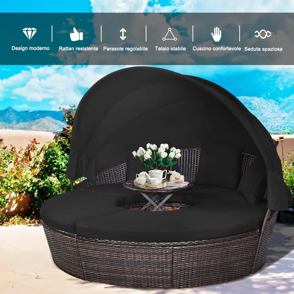 Letto Isola da Giardino, Divano Prendisole con Tettuccio Retrattile, con Sedili Cuscini Impermeabili Sfoderabili, Tavolino Regolabile in Altezza (Nero) - Image 4