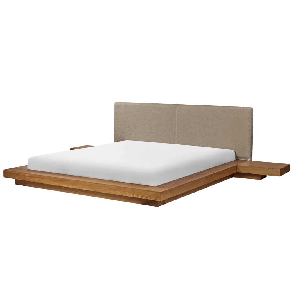Letto LED in stile giapponese in frassino naturale 180 x 200 cm testata in legno impiallacciato bouclé tortora camera da letto a basso profilo - Image 2