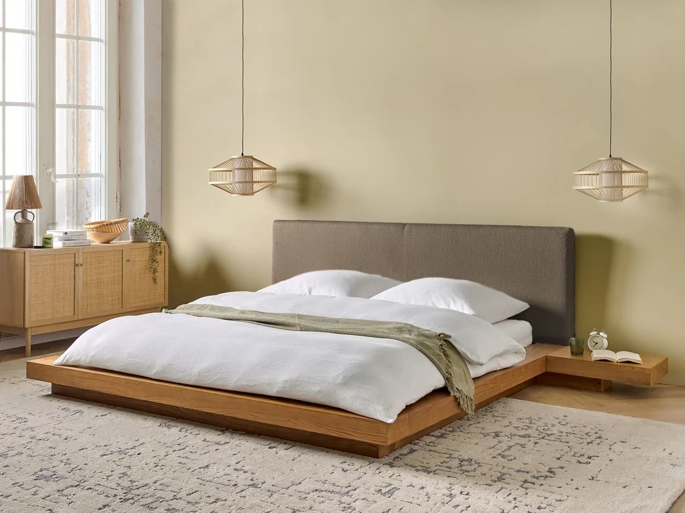Letto LED in stile giapponese in frassino naturale 180 x 200 cm testata in legno impiallacciato bouclé tortora camera da letto a basso profilo - Image 3