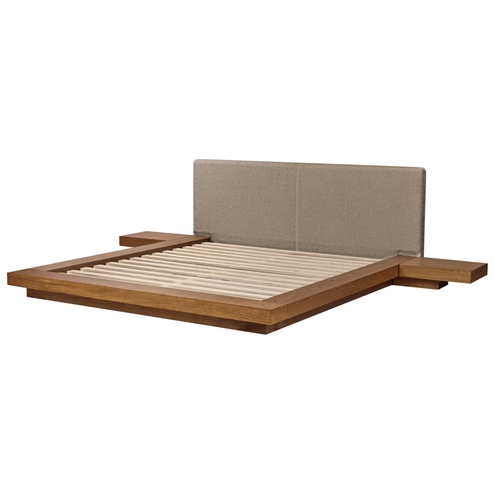Letto LED in stile giapponese in frassino naturale 180 x 200 cm testata in legno impiallacciato bouclé tortora camera da letto a basso profilo - Image 5