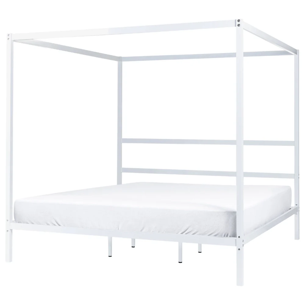 Letto matrimoniale a baldacchino con doghe e struttura in metallo bianco 180 x 200 cm stile industriale moderno