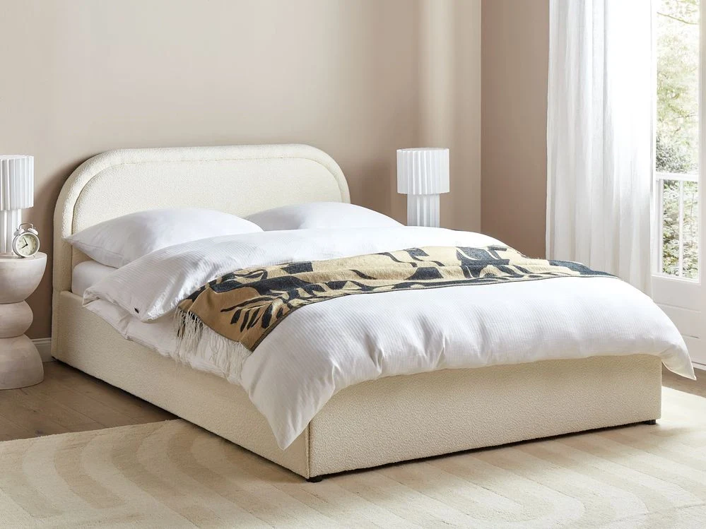 Letto matrimoniale EU Light Beige Boucle 140 x 200 cm Struttura imbottita Poggiatesta con contenitore - Image 4