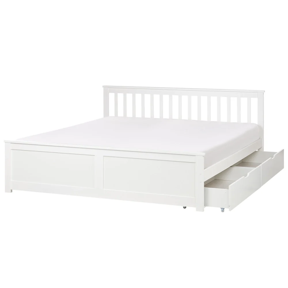 Letto matrimoniale Legno di Pino bianco con Rete a Doghe con 2 cassetti 180 x 200 cm Testiera a doghe minimalista