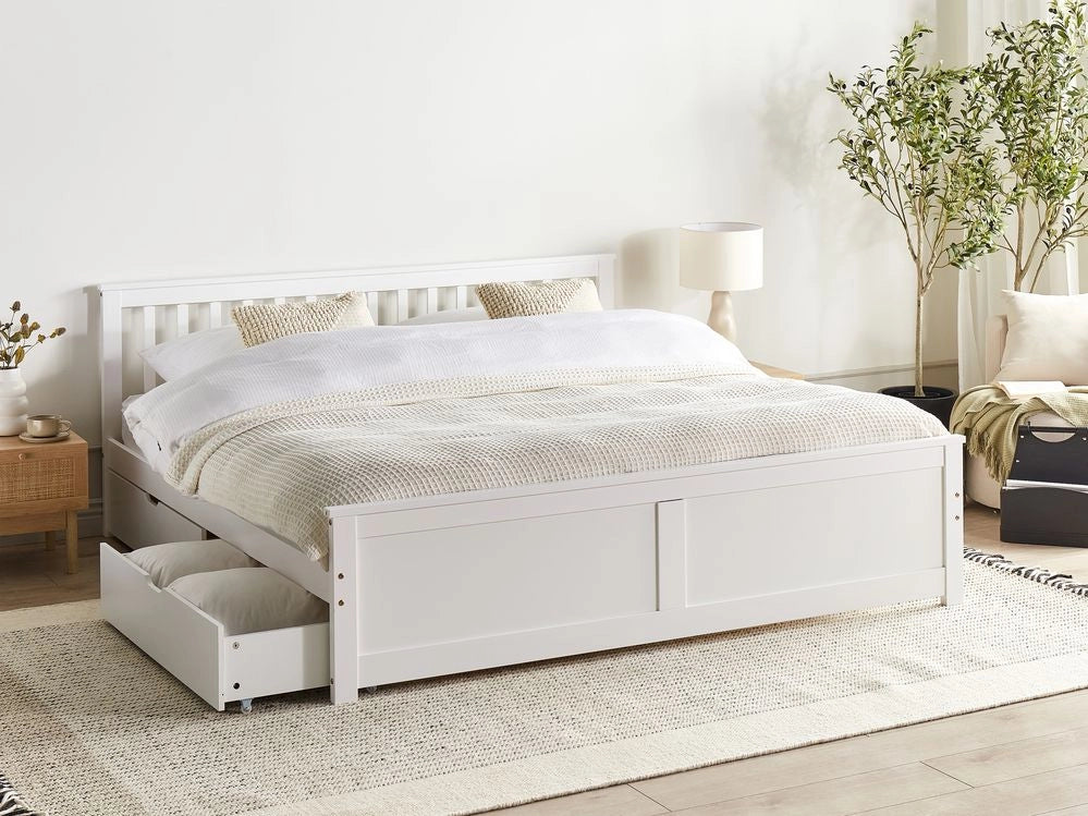Letto matrimoniale Legno di Pino bianco con Rete a Doghe con 2 cassetti 180 x 200 cm Testiera a doghe minimalista - Image 2
