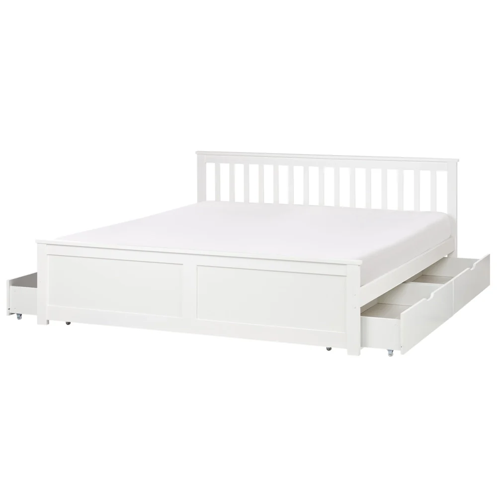 Letto matrimoniale Legno di Pino bianco con Rete a Doghe con 4 cassetti 180 x 200 cm Testiera a doghe minimalista