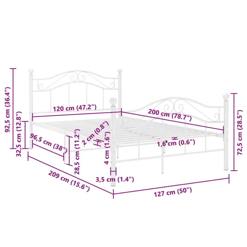 Letto matrimoniale | Letto per adulti | Giroletto Bianco in Metallo 120x200 cm - Image 8