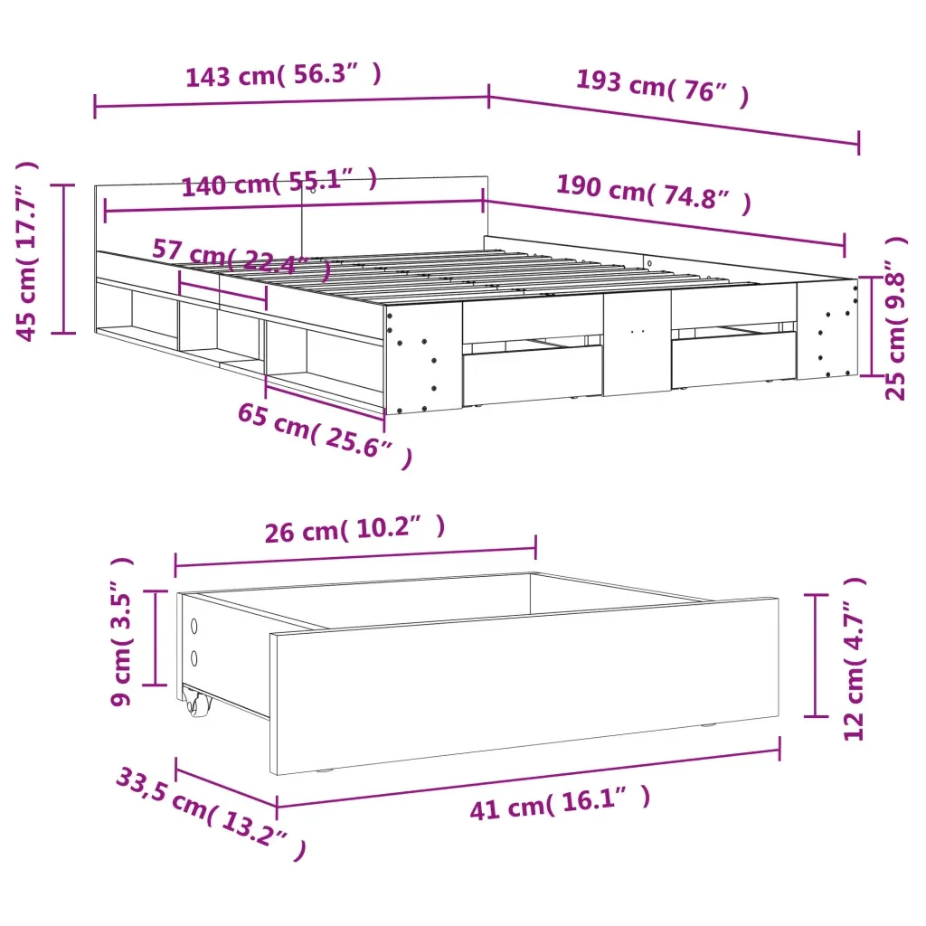Letto matrimoniale | Letto per adulti | Giroletto Cassetti Grigio Cemento 140x190 cm Legno Multistrato - Image 10
