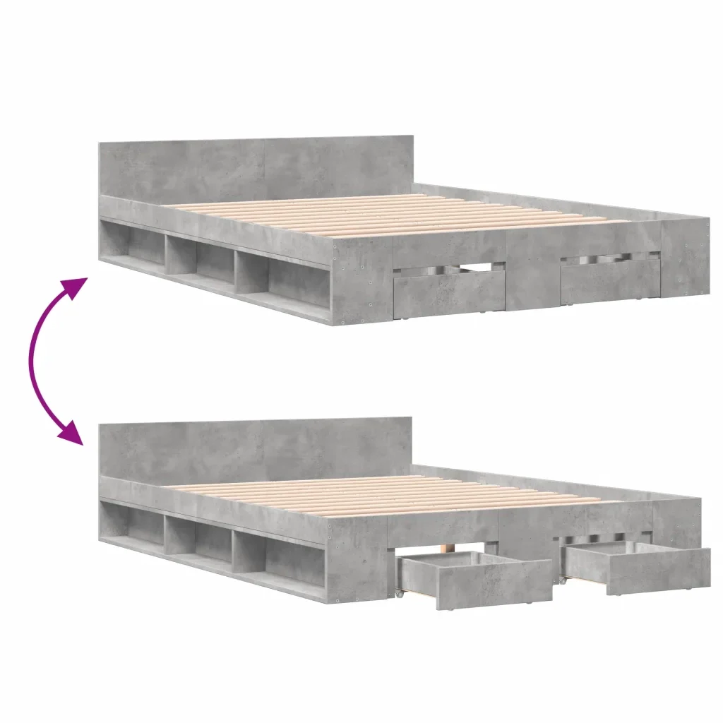 Letto matrimoniale | Letto per adulti | Giroletto Cassetti Grigio Cemento 140x190 cm Legno Multistrato - Image 7