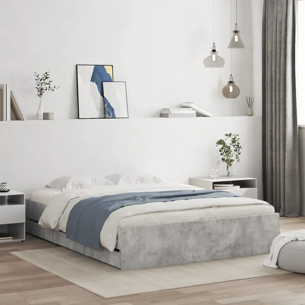 Letto matrimoniale | Letto per adulti | Giroletto Cassetti Grigio Cemento 140x200 cm Legno Multistrato - Image 2