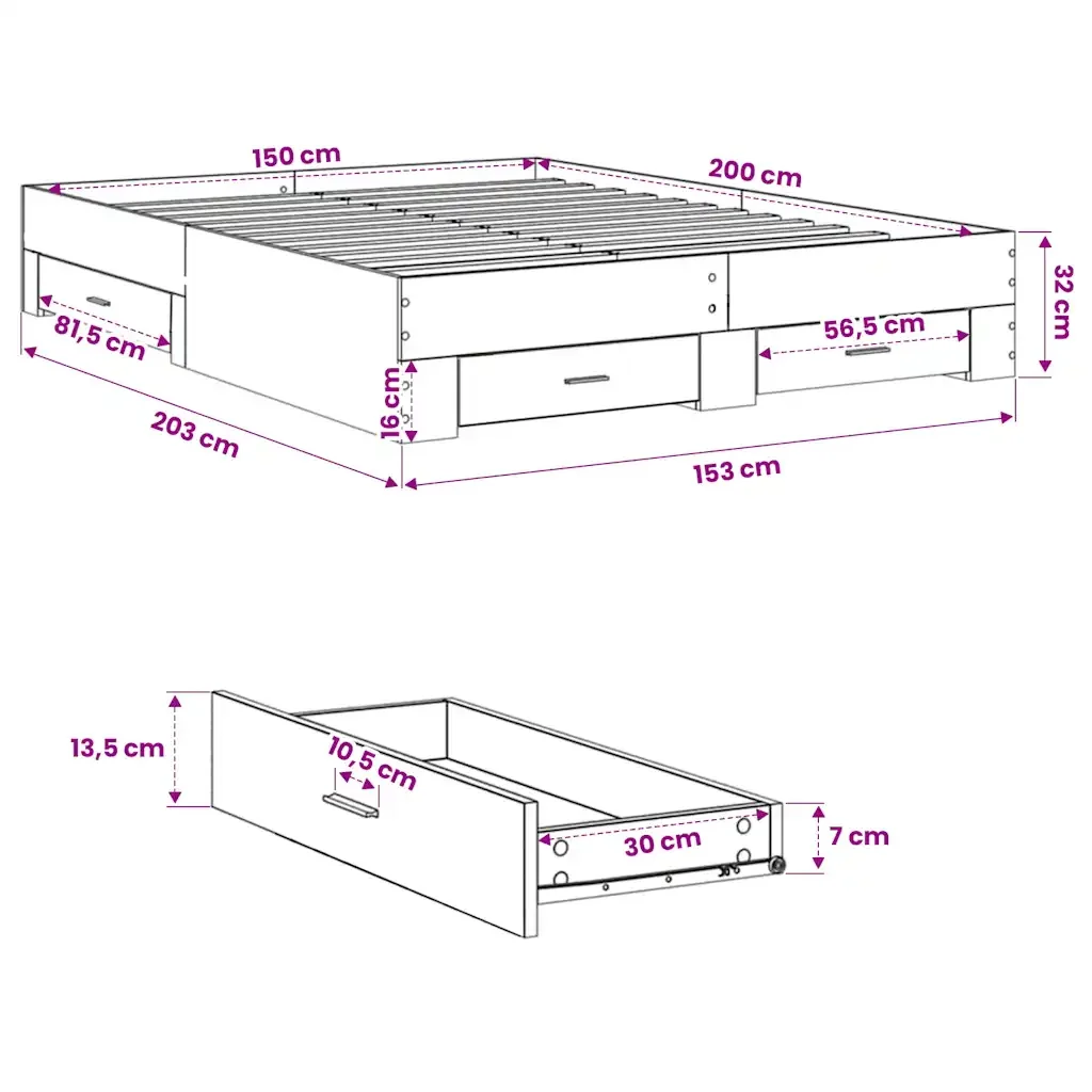 Letto matrimoniale | Letto per adulti | Giroletto Cassetti Grigio Cemento 150x200 cm Legno Multistrato - Image 10