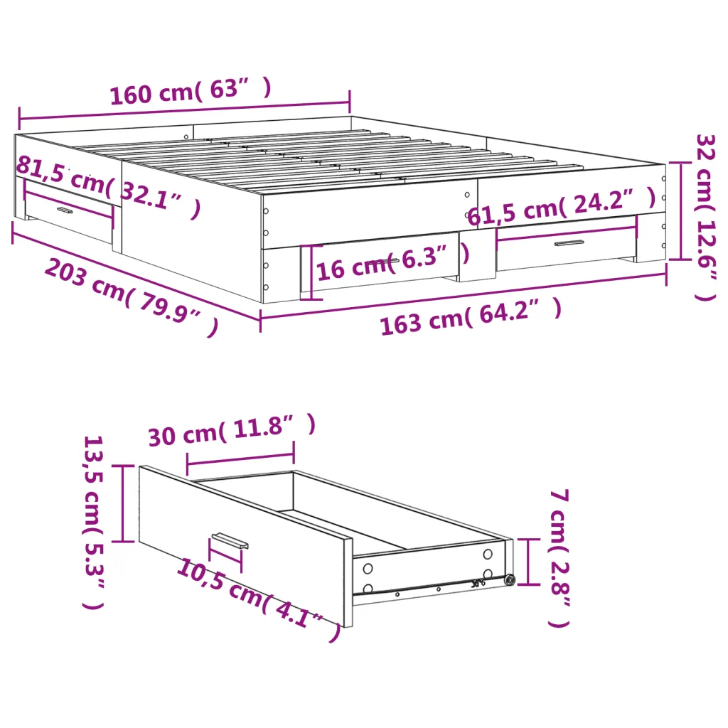 Letto matrimoniale | Letto per adulti | Giroletto Cassetti Grigio Cemento 160x200 cm Legno Multistrato - Image 10