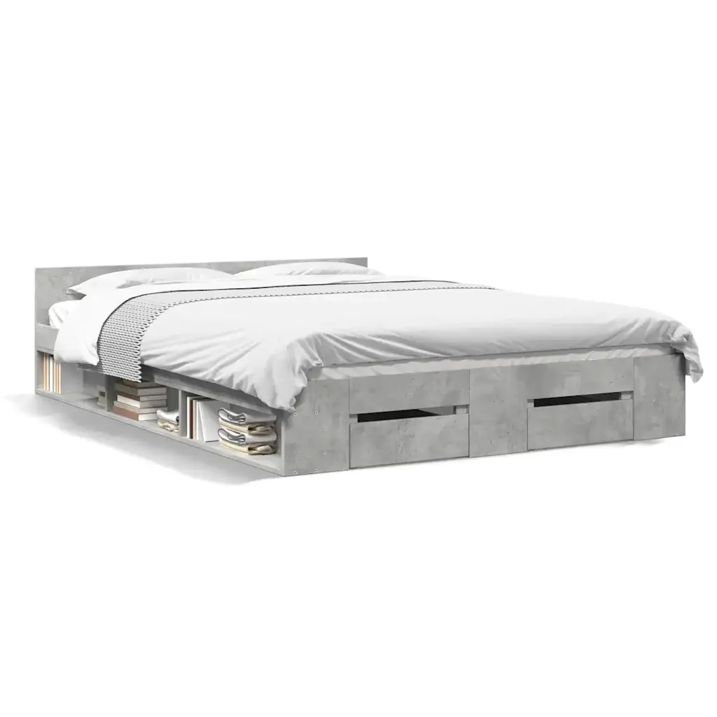 Letto matrimoniale | Letto per adulti | Giroletto Cassetti Grigio Cemento 160x200 cm Legno Multistrato