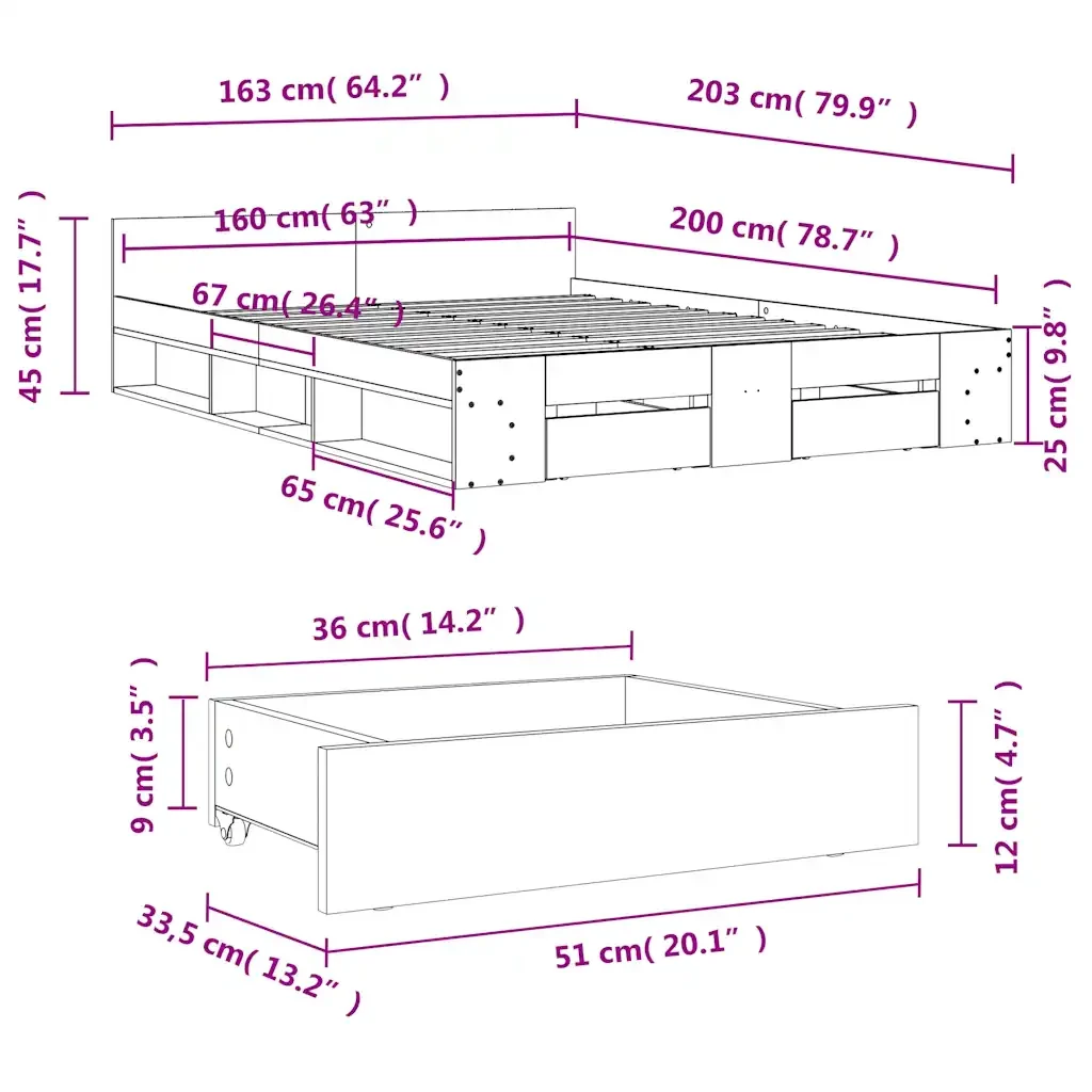 Letto matrimoniale | Letto per adulti | Giroletto Cassetti Grigio Cemento 160x200 cm Legno Multistrato - Image 10