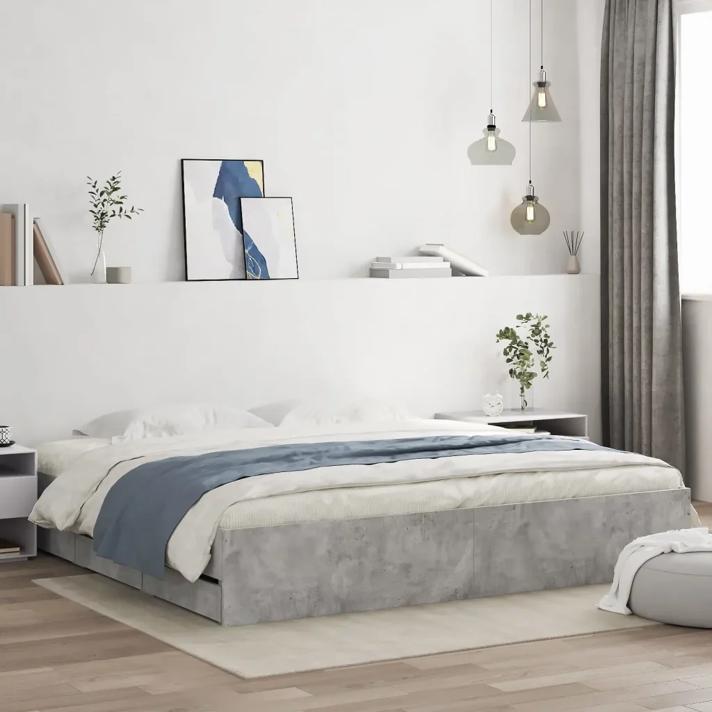 Letto matrimoniale | Letto per adulti | Giroletto Cassetti Grigio Cemento 180x200 cm Legno Multistrato - Image 2