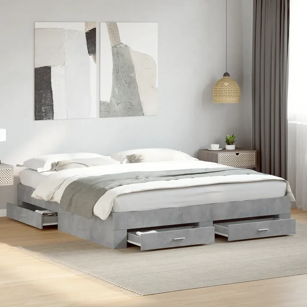Letto matrimoniale | Letto per adulti | Giroletto Cassetti Grigio Cemento 180x200 cm Legno Multistrato - Image 2