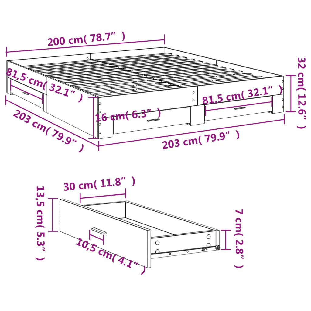 Letto matrimoniale | Letto per adulti | Giroletto Cassetti Grigio Cemento 200x200 cm Legno Multistrato - Image 10