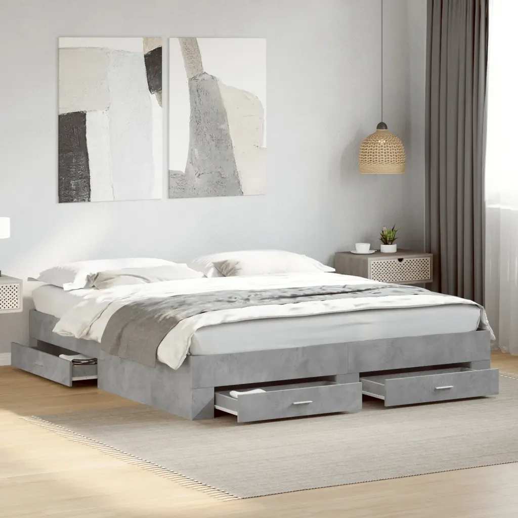 Letto matrimoniale | Letto per adulti | Giroletto Cassetti Grigio Cemento 200x200 cm Legno Multistrato - Image 2
