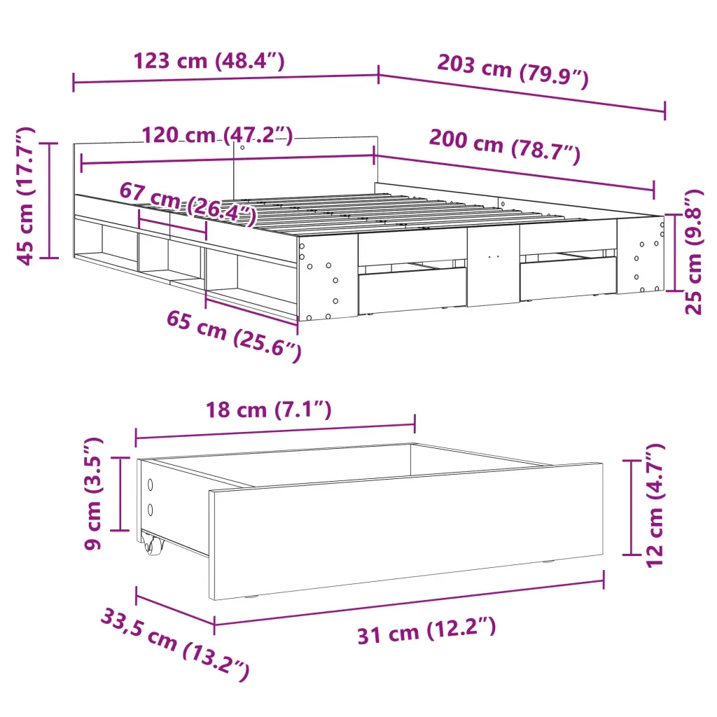 Letto matrimoniale | Letto per adulti | Giroletto Cassetti Grigio Sonoma 120x200 cm Legno Multistrato - Image 10