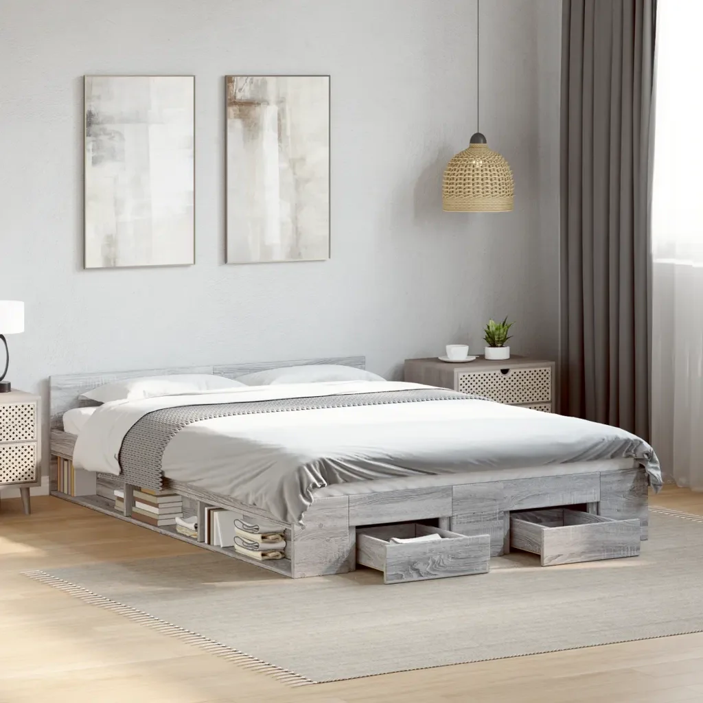 Letto matrimoniale | Letto per adulti | Giroletto Cassetti Grigio Sonoma 135x190 cm Legno Multistrato - Image 2