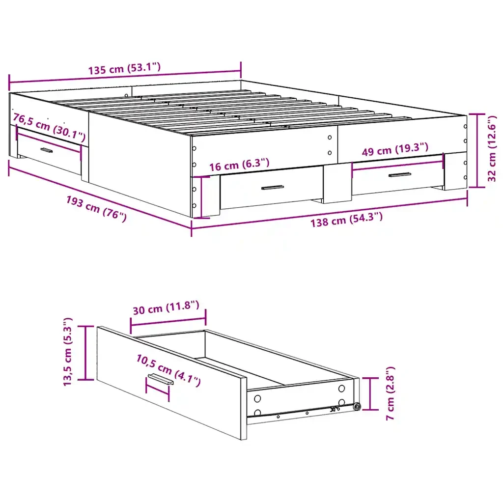 Letto matrimoniale | Letto per adulti | Giroletto Cassetti Grigio Sonoma 135x190 cm Legno Multistrato - Image 10