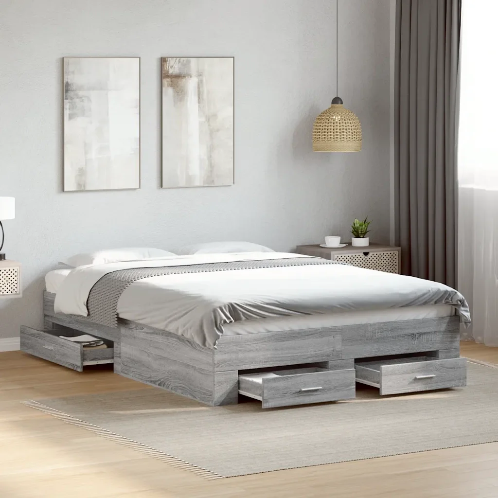 Letto matrimoniale | Letto per adulti | Giroletto Cassetti Grigio Sonoma 135x190 cm Legno Multistrato - Image 2