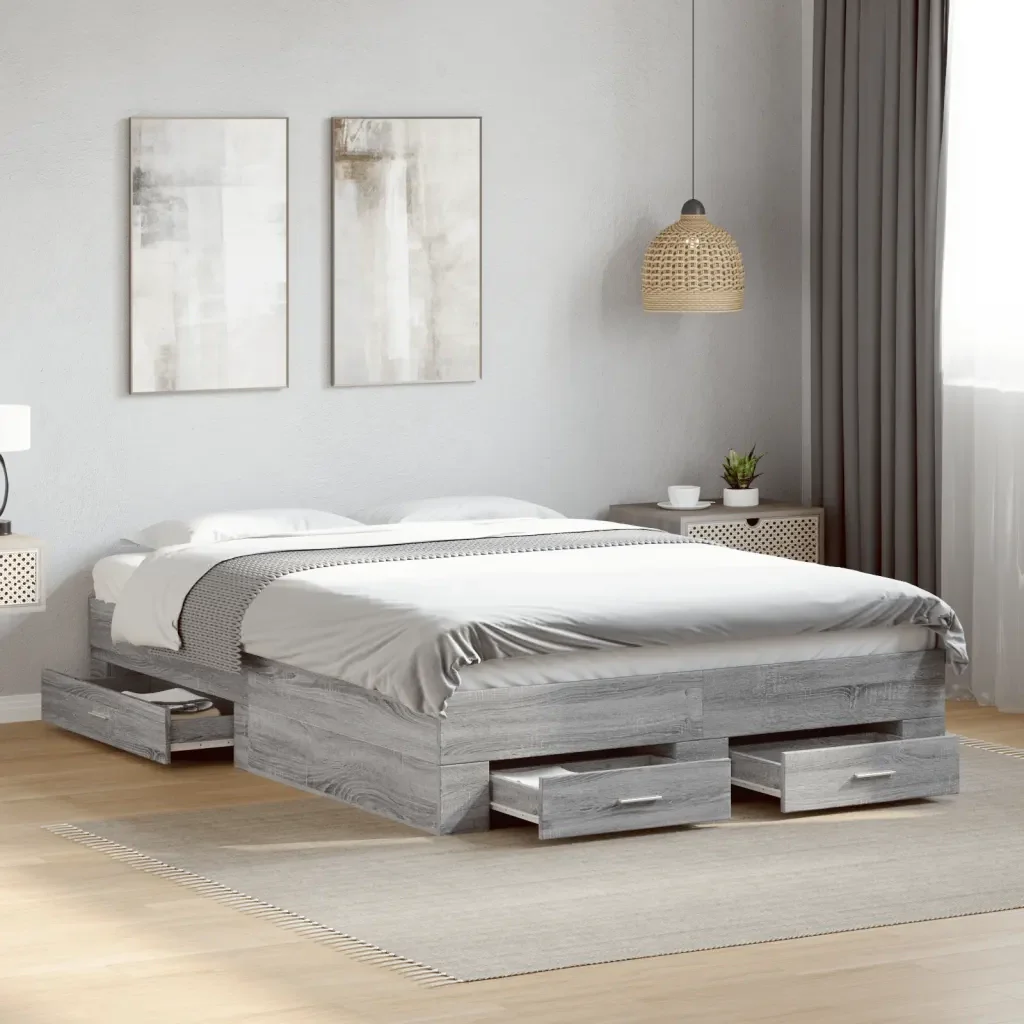 Letto matrimoniale | Letto per adulti | Giroletto Cassetti Grigio Sonoma 140x190 cm Legno Multistrato - Image 2