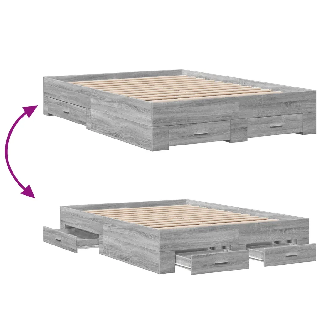 Letto matrimoniale | Letto per adulti | Giroletto Cassetti Grigio Sonoma 140x190 cm Legno Multistrato - Image 7