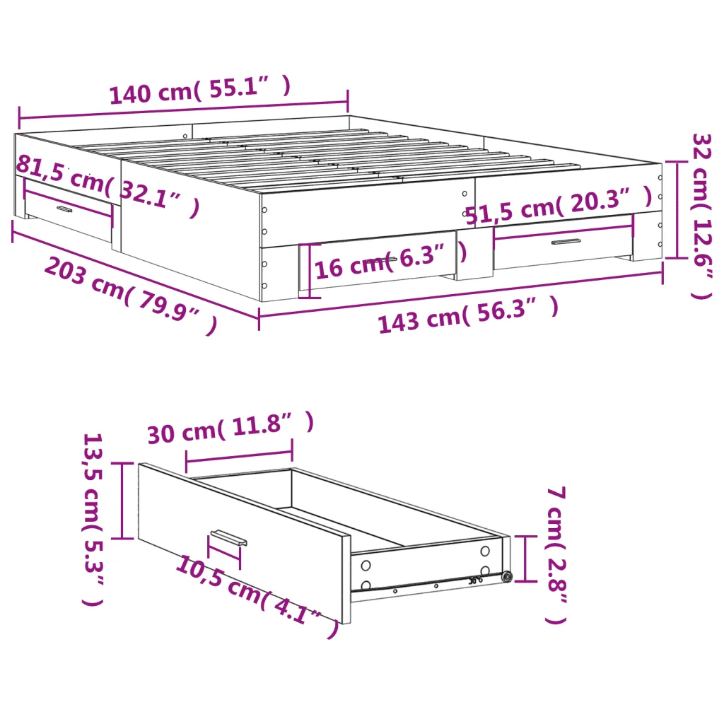 Letto matrimoniale | Letto per adulti | Giroletto Cassetti Grigio Sonoma 140x200 cm Legno Multistrato - Image 10