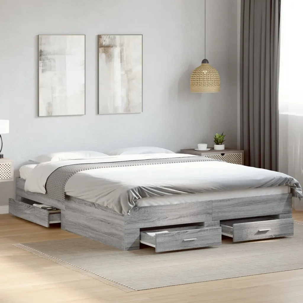 Letto matrimoniale | Letto per adulti | Giroletto Cassetti Grigio Sonoma 140x200 cm Legno Multistrato - Image 2
