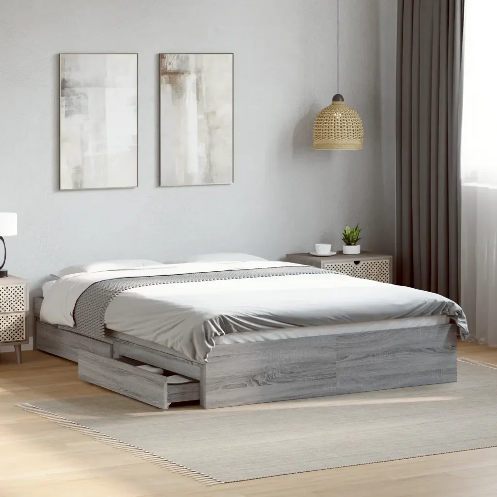 Letto matrimoniale | Letto per adulti | Giroletto Cassetti Grigio Sonoma 140x200 cm Legno Multistrato - Image 2