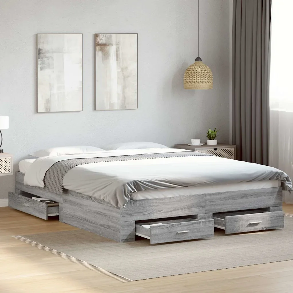 Letto matrimoniale | Letto per adulti | Giroletto Cassetti Grigio Sonoma 150x200 cm Legno Multistrato - Image 2