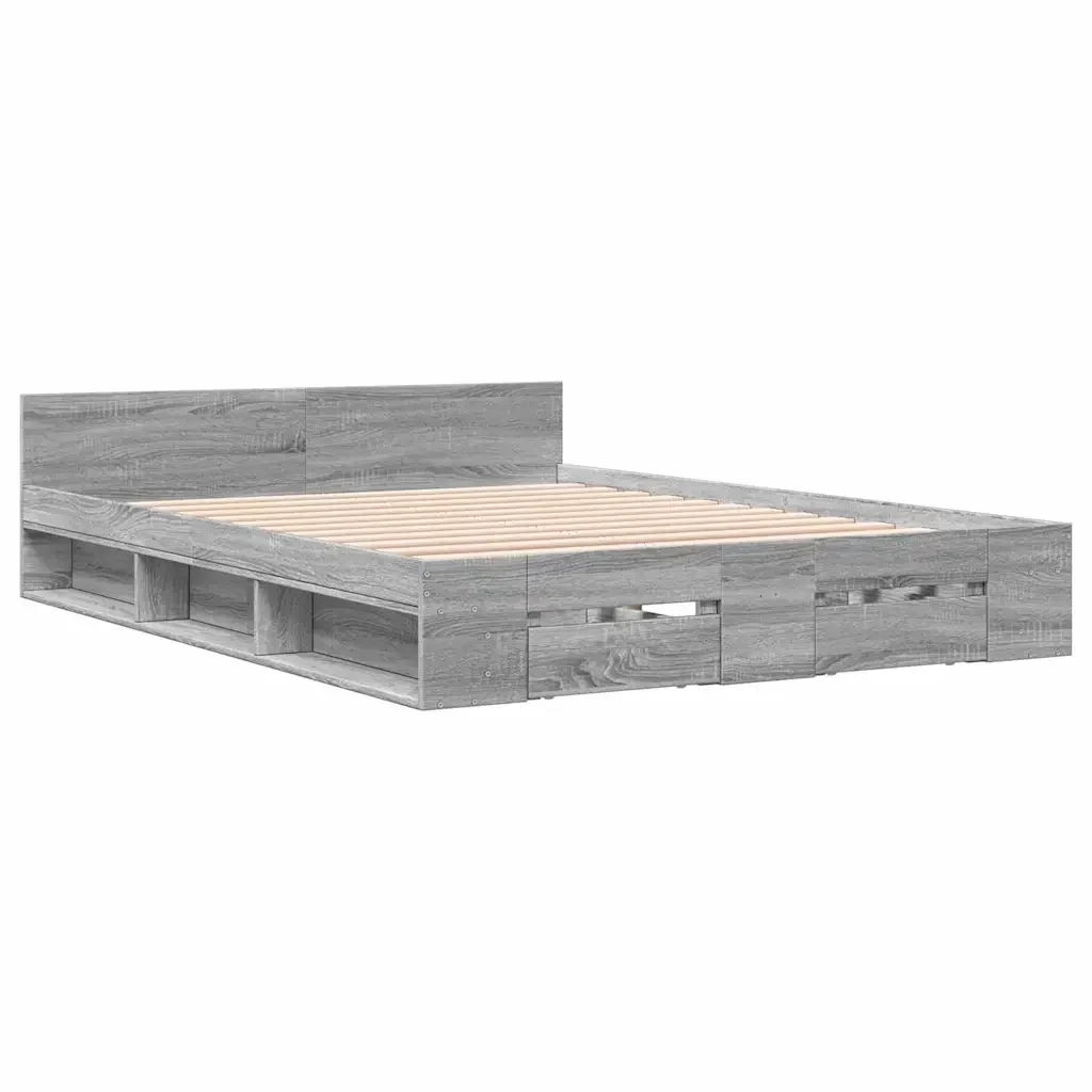 Letto matrimoniale | Letto per adulti | Giroletto Cassetti Grigio Sonoma 150x200 cm Legno Multistrato - Image 4