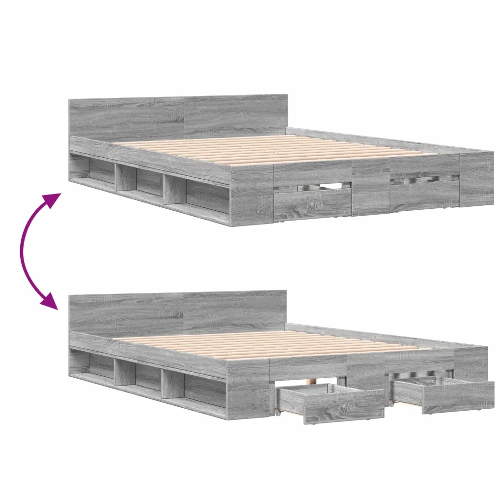 Letto matrimoniale | Letto per adulti | Giroletto Cassetti Grigio Sonoma 150x200 cm Legno Multistrato - Image 7