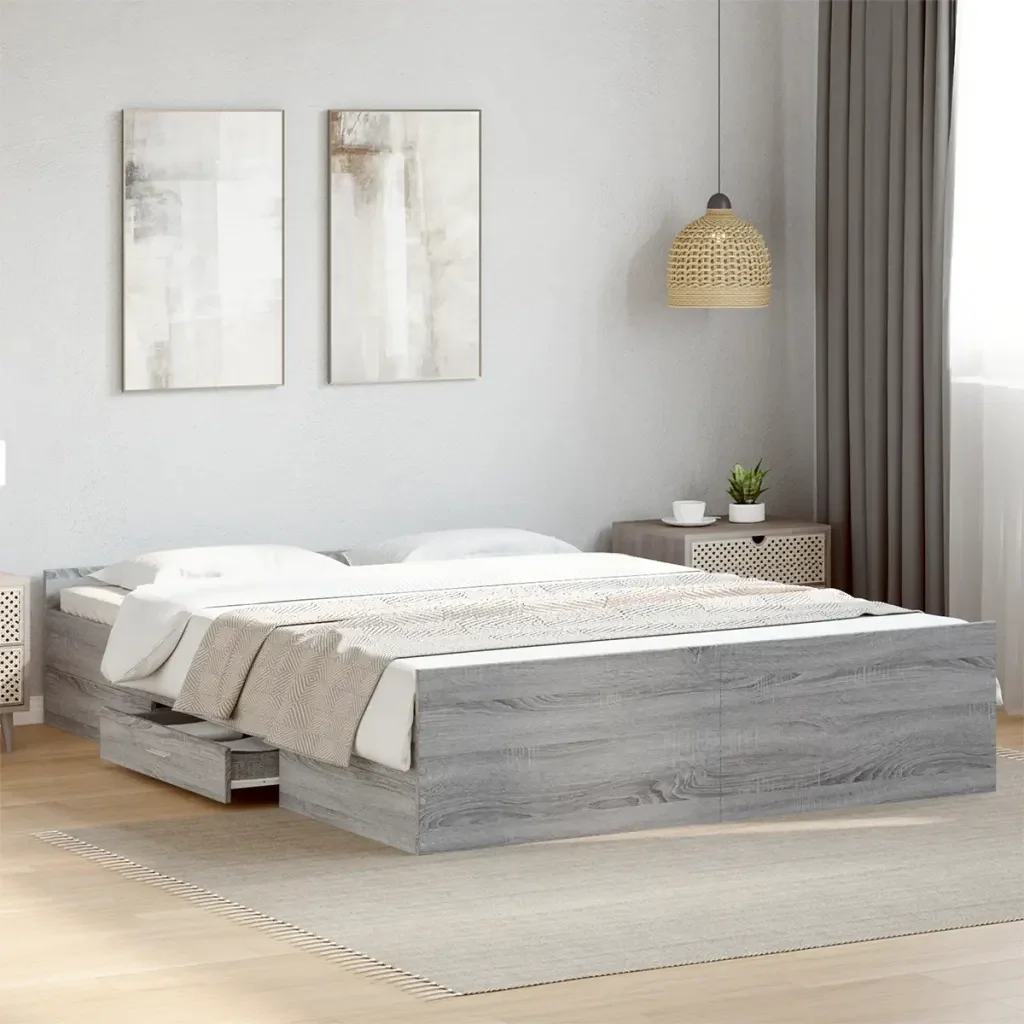 Letto matrimoniale | Letto per adulti | Giroletto Cassetti Grigio Sonoma 160x200 cm Legno Multistrato - Image 2