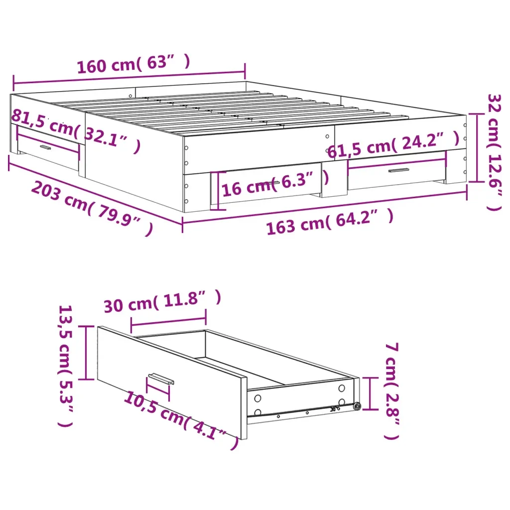 Letto matrimoniale | Letto per adulti | Giroletto Cassetti Grigio Sonoma 160x200 cm Legno Multistrato - Image 10