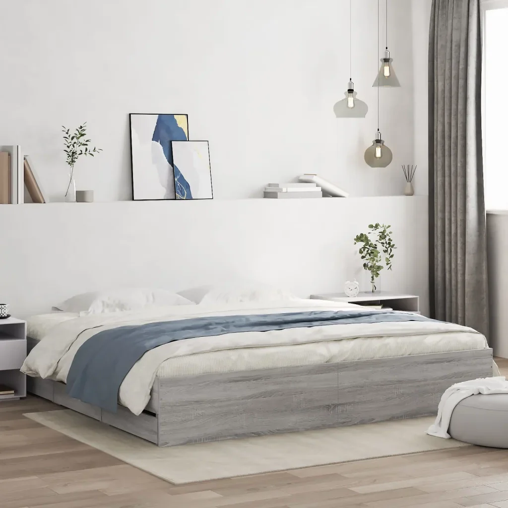 Letto matrimoniale | Letto per adulti | Giroletto Cassetti Grigio Sonoma 160x200 cm Legno Multistrato - Image 2