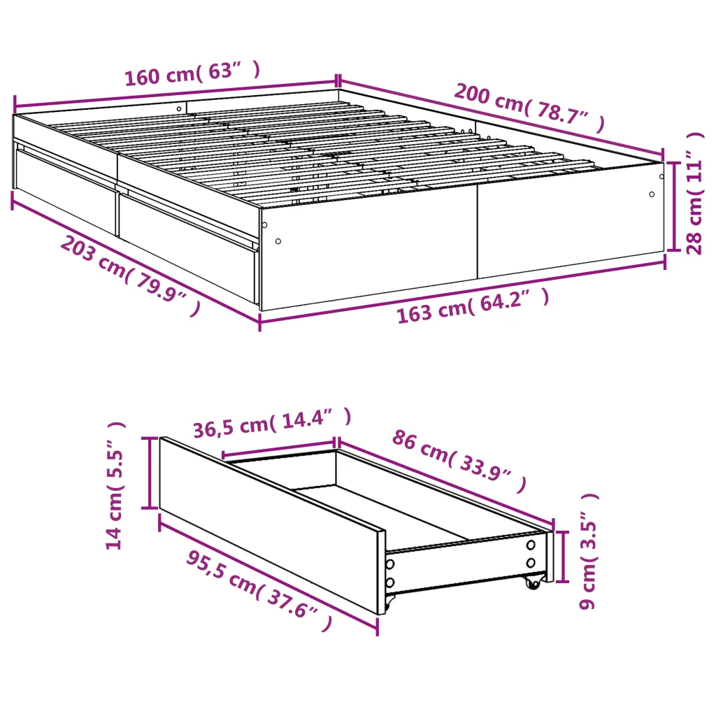 Letto matrimoniale | Letto per adulti | Giroletto Cassetti Grigio Sonoma 160x200 cm Legno Multistrato - Image 10
