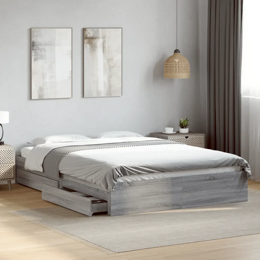 Letto matrimoniale | Letto per adulti | Giroletto Cassetti Grigio Sonoma 160x200 cm Legno Multistrato - Image 2
