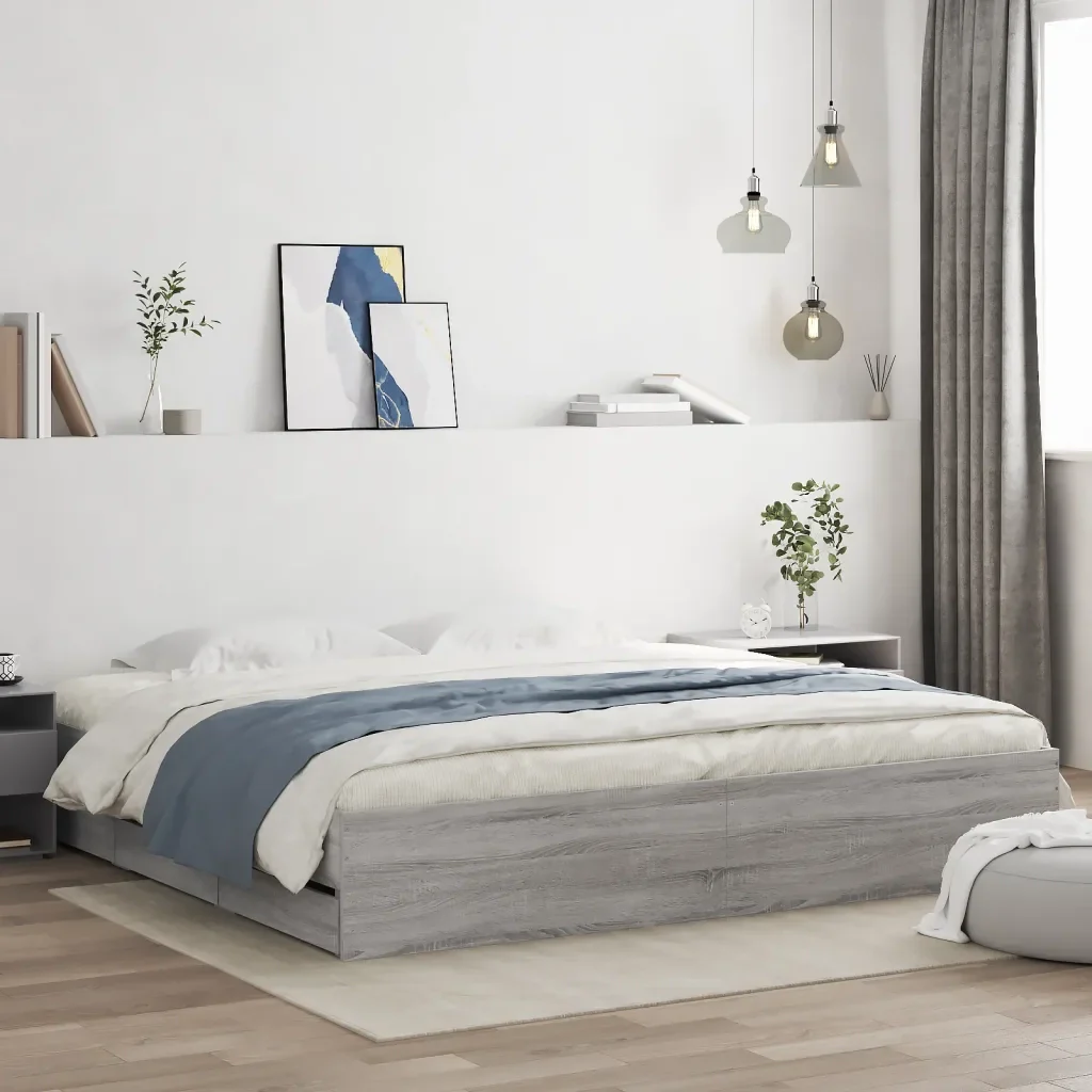 Letto matrimoniale | Letto per adulti | Giroletto Cassetti Grigio Sonoma 200x200 cm Legno Multistrato - Image 2