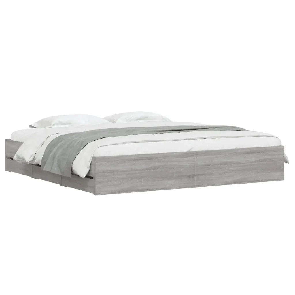 Letto matrimoniale | Letto per adulti | Giroletto Cassetti Grigio Sonoma 200x200 cm Legno Multistrato - Image 4
