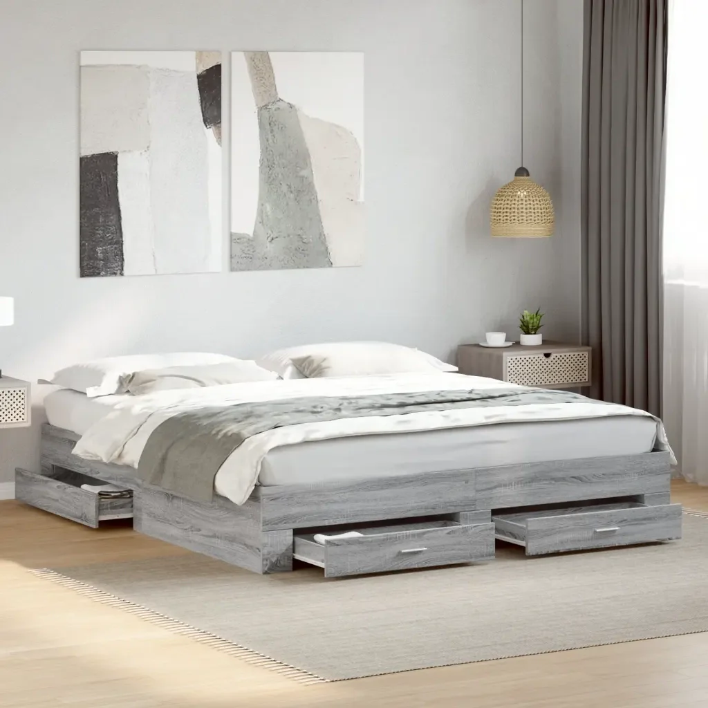 Letto matrimoniale | Letto per adulti | Giroletto Cassetti Grigio Sonoma 200x200 cm Legno Multistrato - Image 2